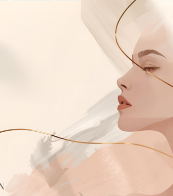 Soft krem ve pudra tonlarında arka plan üzerine soyut kadın silüeti; akıcı fırça darbeleriyle oluşturulmuş minimal, feminen ve zarif kompozisyon. Altın çizgi detaylarıyla sade lüks görünüm sunan modern, estetik ve premium tasarım.