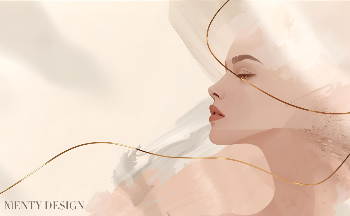 Soft krem ve pudra tonlarında arka plan üzerine soyut kadın silüeti; akıcı fırça darbeleriyle oluşturulmuş minimal, feminen ve zarif kompozisyon. Altın çizgi detaylarıyla sade lüks görünüm sunan modern, estetik ve premium tasarım.